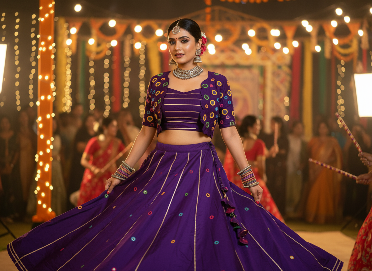Royal Purple Mirror Work Lehenga Three Piece Set
