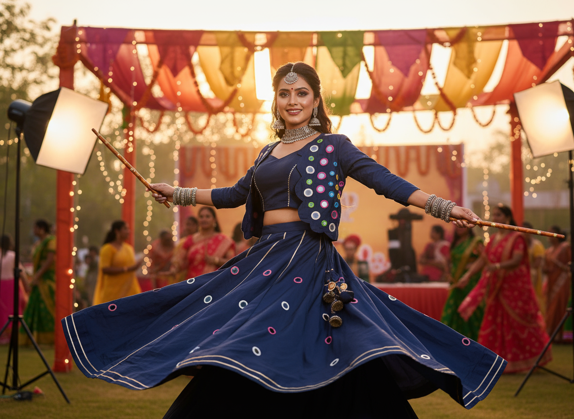 Midnight Blue Mirror Work Lehenga Three Piece Set with Scalloped Jacket