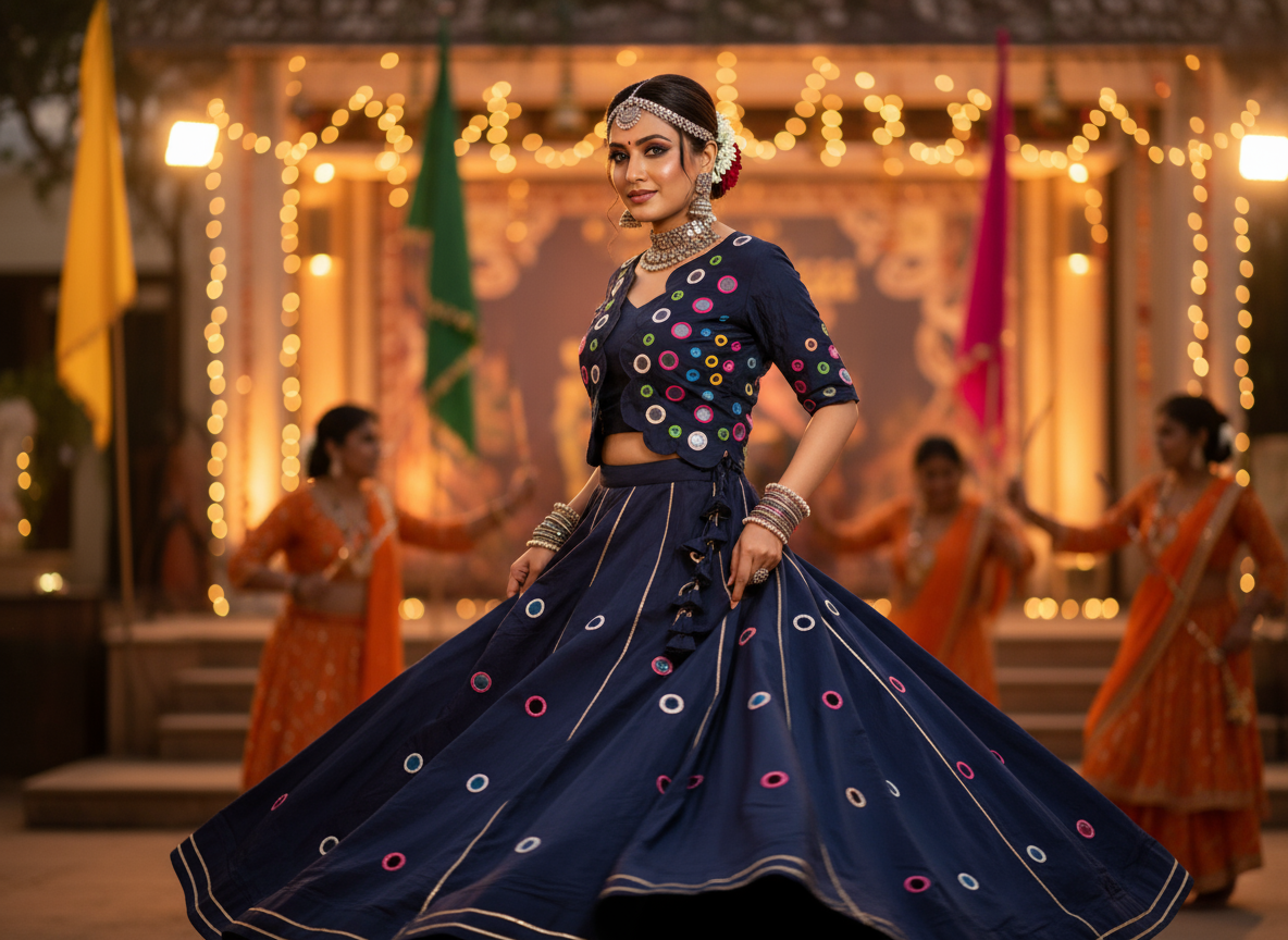 Midnight Blue Mirror Work Lehenga Three Piece Set with Scalloped Jacket