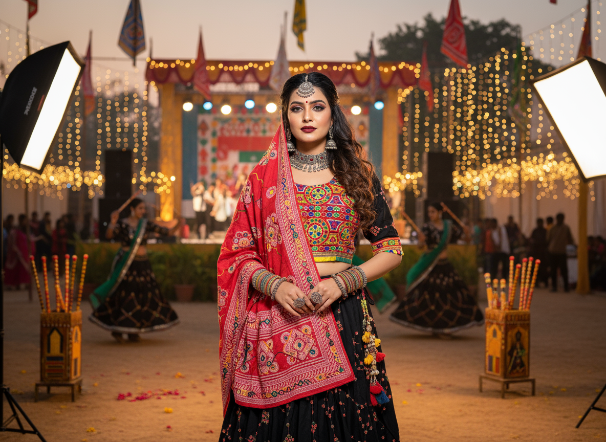 Black & Red Navratri Embroidered Lehenga Choli with Bandhej Dupatta – Traditional Garba Special