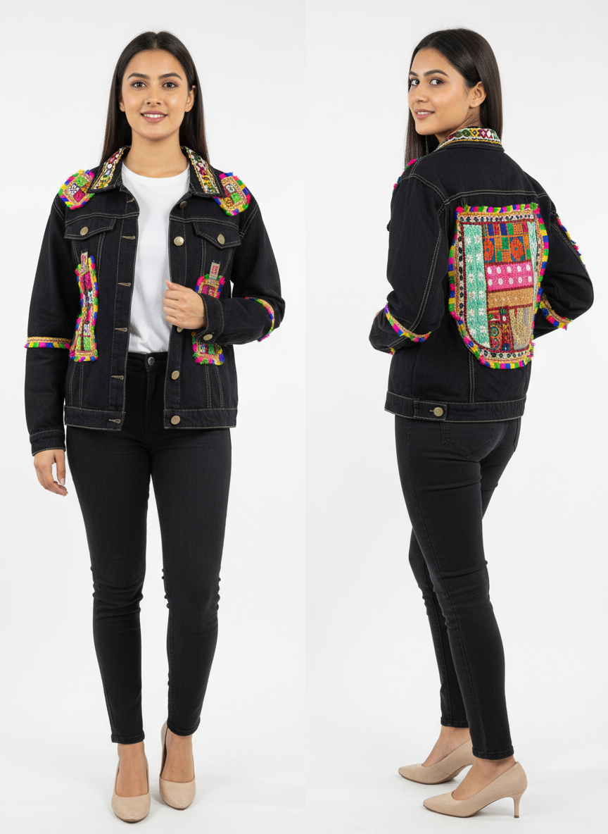 Denim Jacket with Multicolor Hand-Embroidered Patchwork & Mirror Detailing