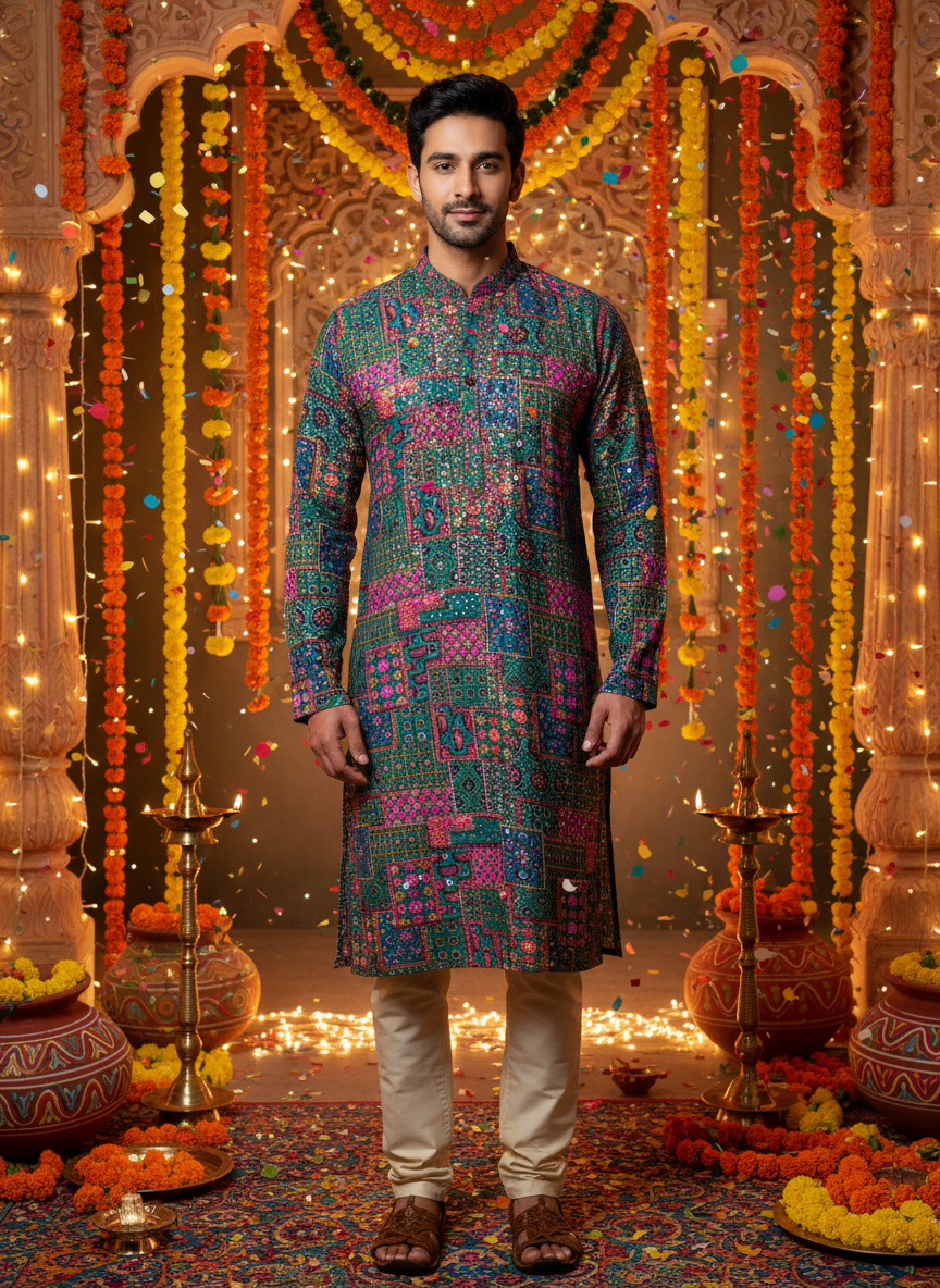 Men’s Multicolor Patchwork Kurta Work-Inspired Print – Festive Ethnic Wear