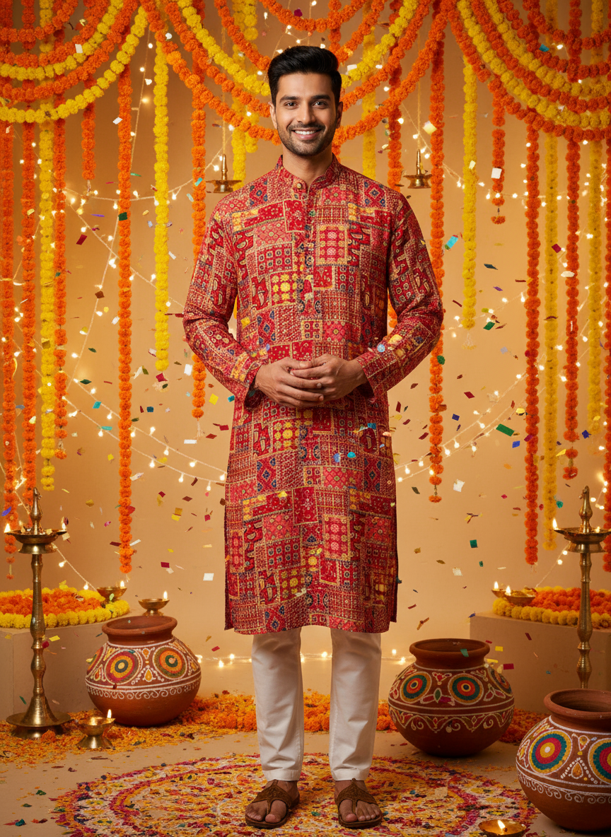 Men’s Multicolor Patchwork Kurta Work-Inspired Print – Festive Ethnic Wear