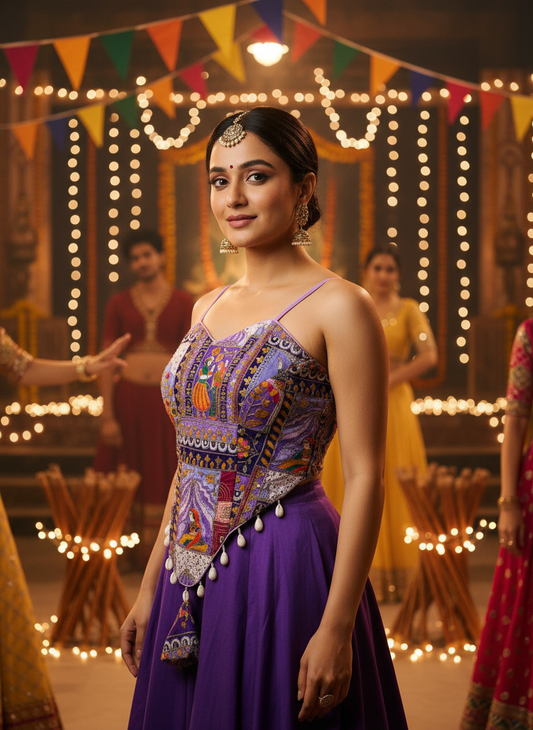 Handcrafted Purple Embroidered Navratri Blouse with Mirror & Tassel Detailing