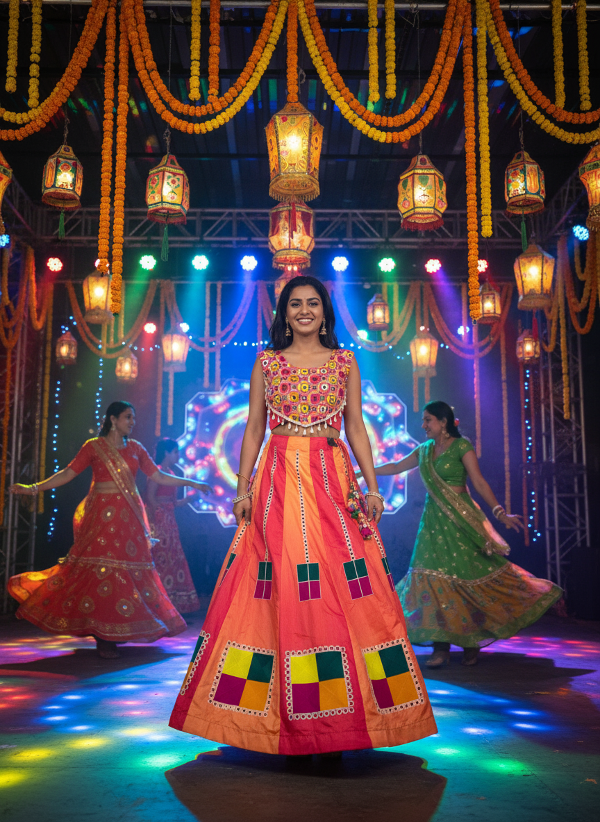 Vibrant Navratri Lehenga Choli Set with Mirror Work Embroidery