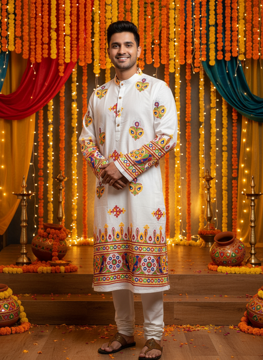 Embroidered Navratri Kurta with Colorful Mirror Work – Festive Ethnic Wear for Men