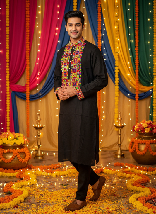 Black Rayon Kurta with Vibrant Kutchi Embroidery Work