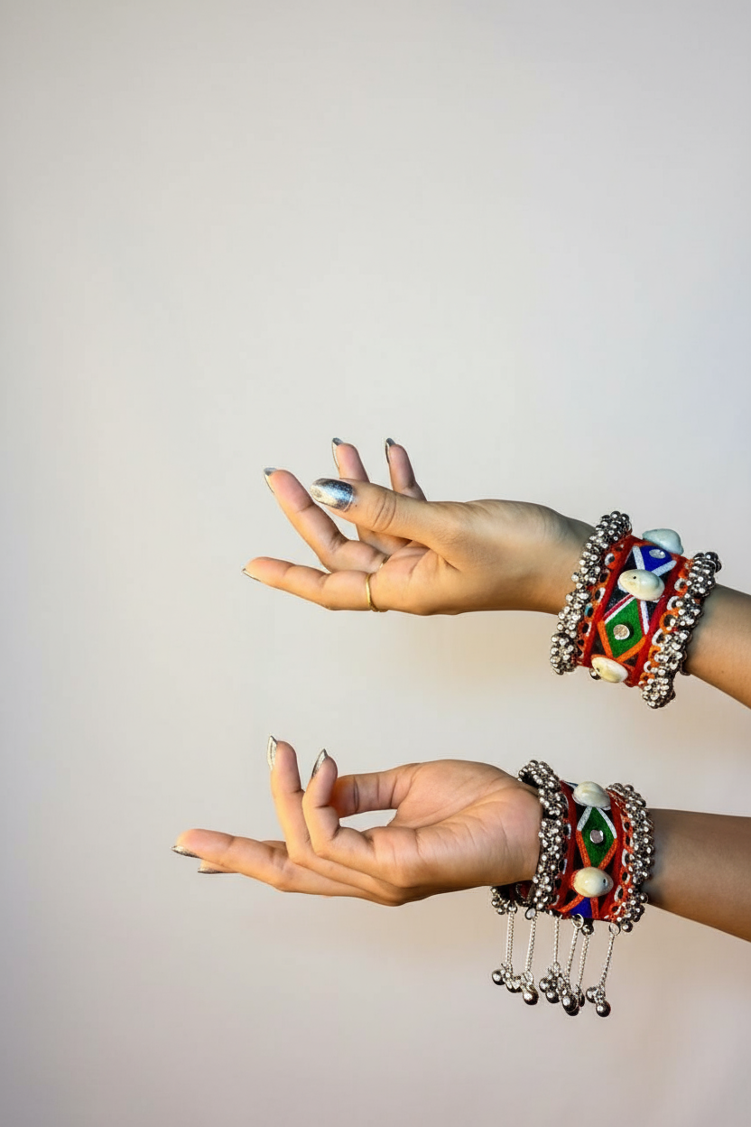 Traditional Indian Folk Dance Mirror Work Bangles with Shells and Bells