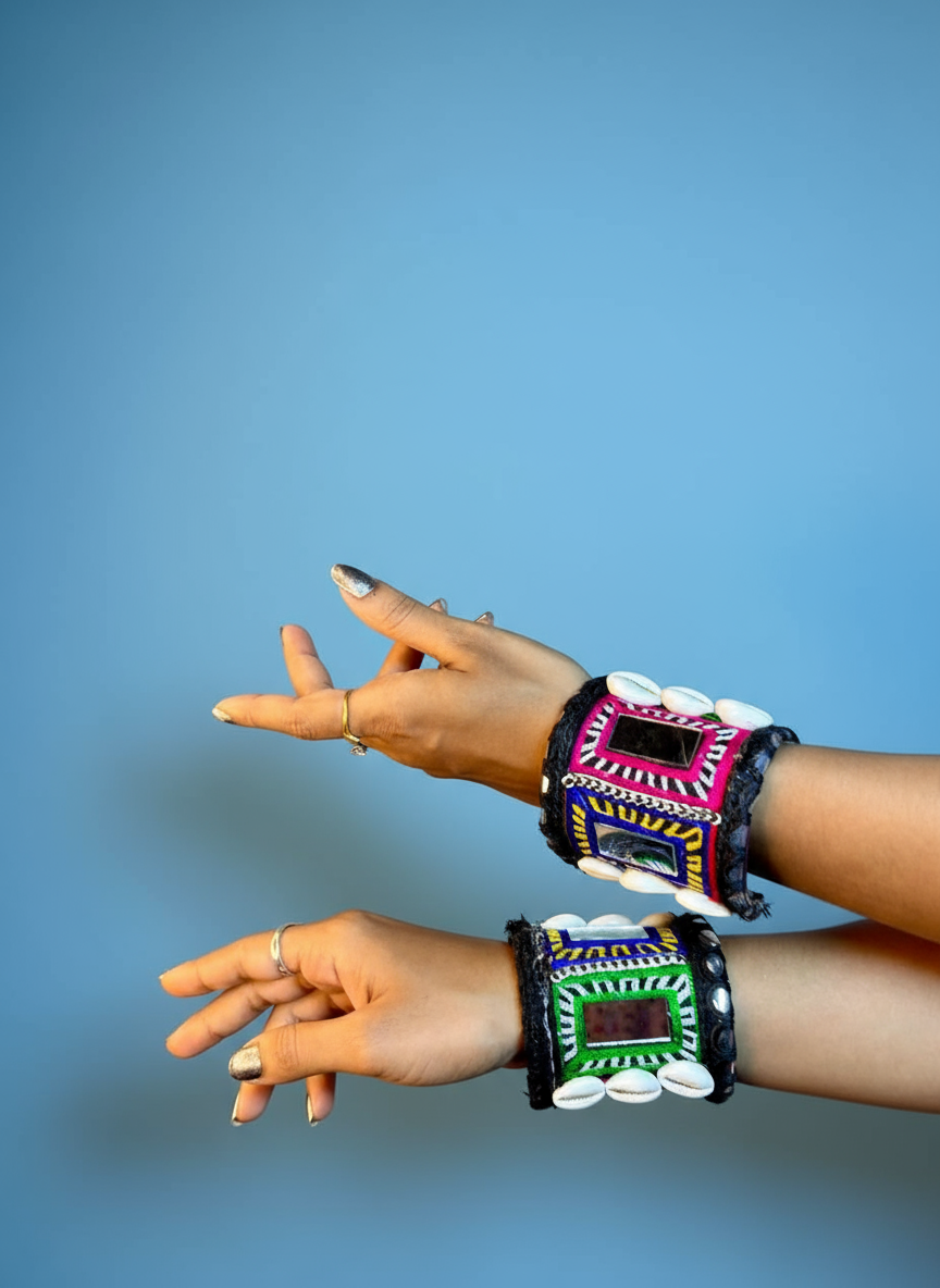 Tribal Mirror Work Shell Cuff Bangles – Handmade Garba Dance Accessories