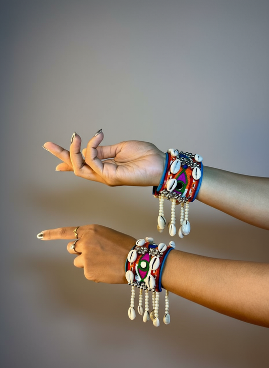Handcrafted Tribal Cowrie Shell & Beaded Fabric Cuff Bracelets