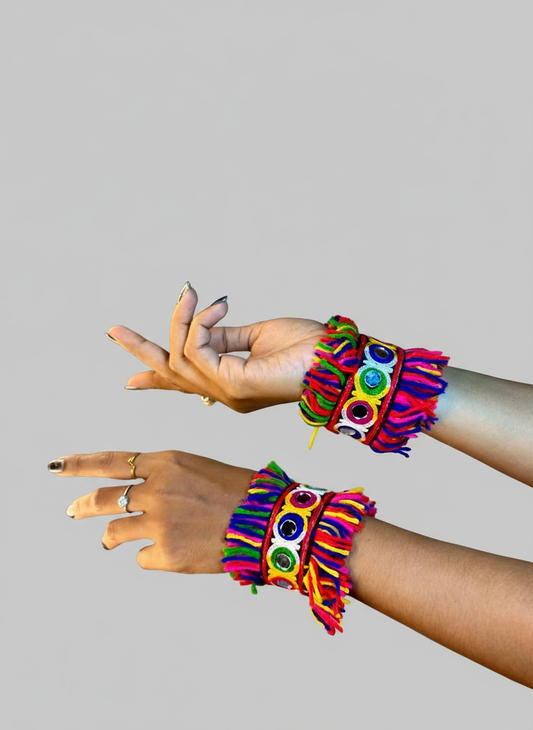 Handmade Colorful Fringe Tribal Cuff Bracelets with Mirror Work