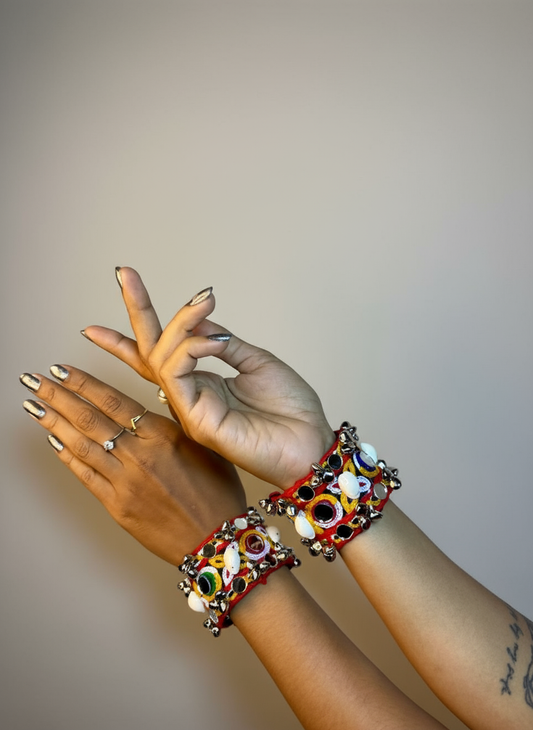 Handmade Tribal Mirror & Cowrie Shell Cuff Bracelets with Ghungroo Bells