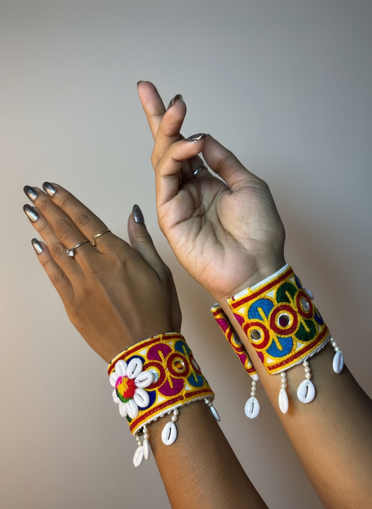 Handcrafted Navratri Embroidered Cuff Bangles with Cowrie Shells