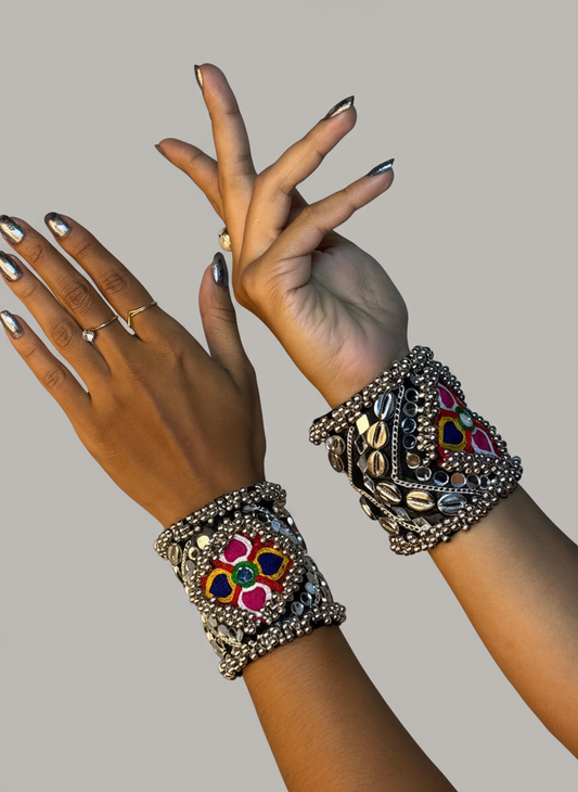 Handcrafted Oxidised Navratri Cuff Bangles with Embroidery & Cowrie Shells