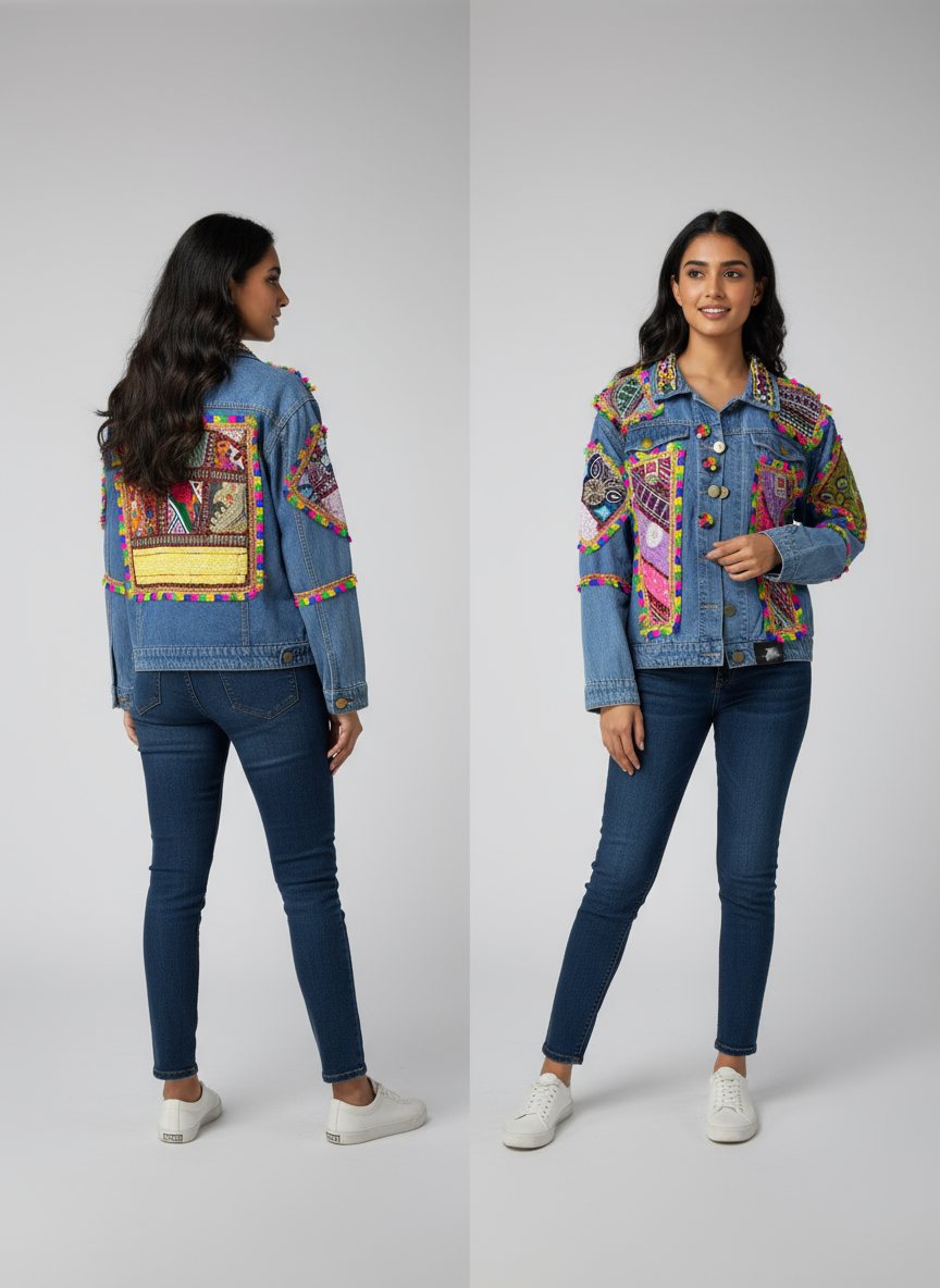 Denim Jacket with Multicolor Hand-Embroidered Patchwork & Mirror Detailing
