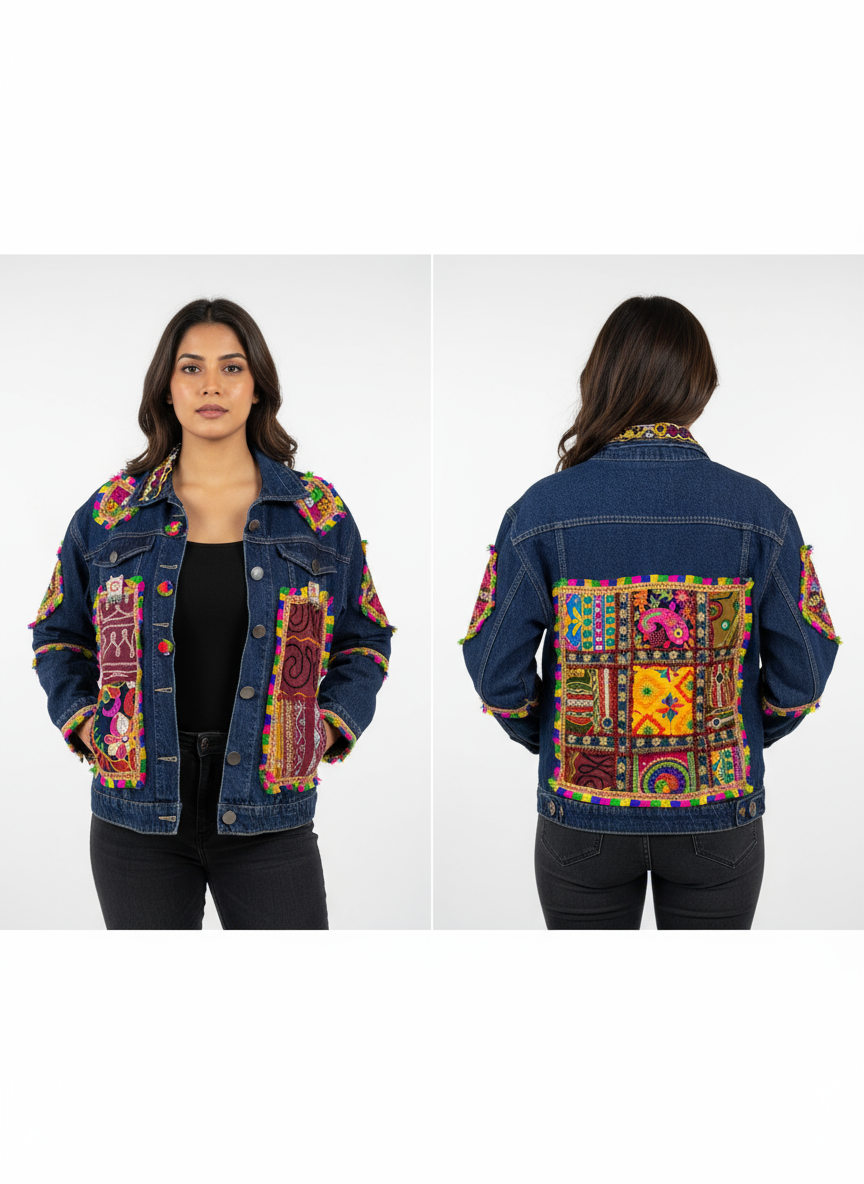 Denim Jacket with Multicolor Hand-Embroidered Patchwork & Mirror Detailing