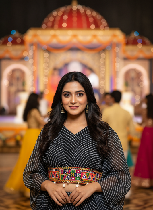 "Elegant Striped Blouse with Colorful Kutchi Embroidered Belt"