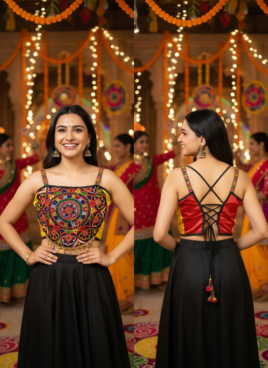 Kutchi Embroidered Blouse with Criss-Cross Back Lace-Up