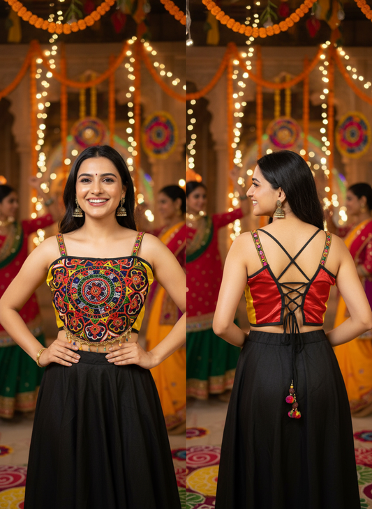 Kutchi Embroidered Blouse with Criss-Cross Back Lace-Up
