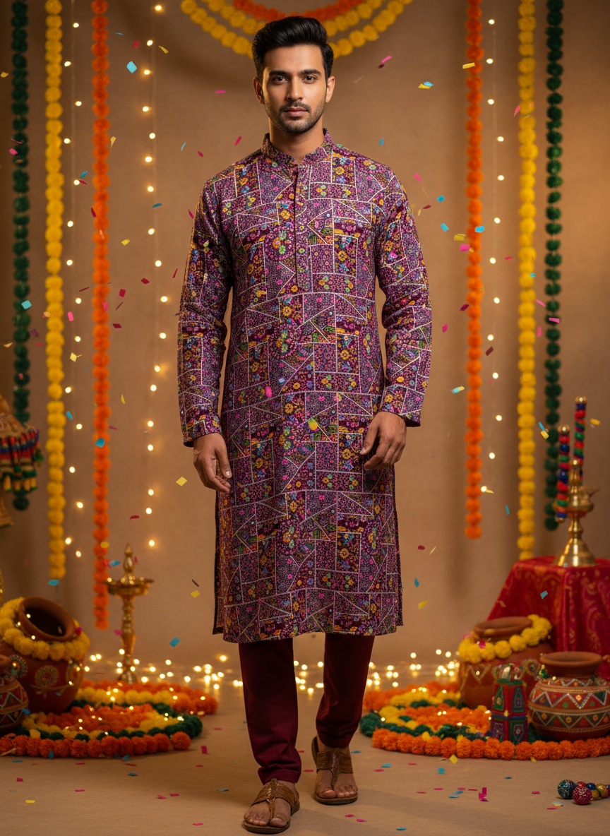 Men’s Multicolor Patchwork Kurta Work-Inspired Print – Festive Ethnic Wear