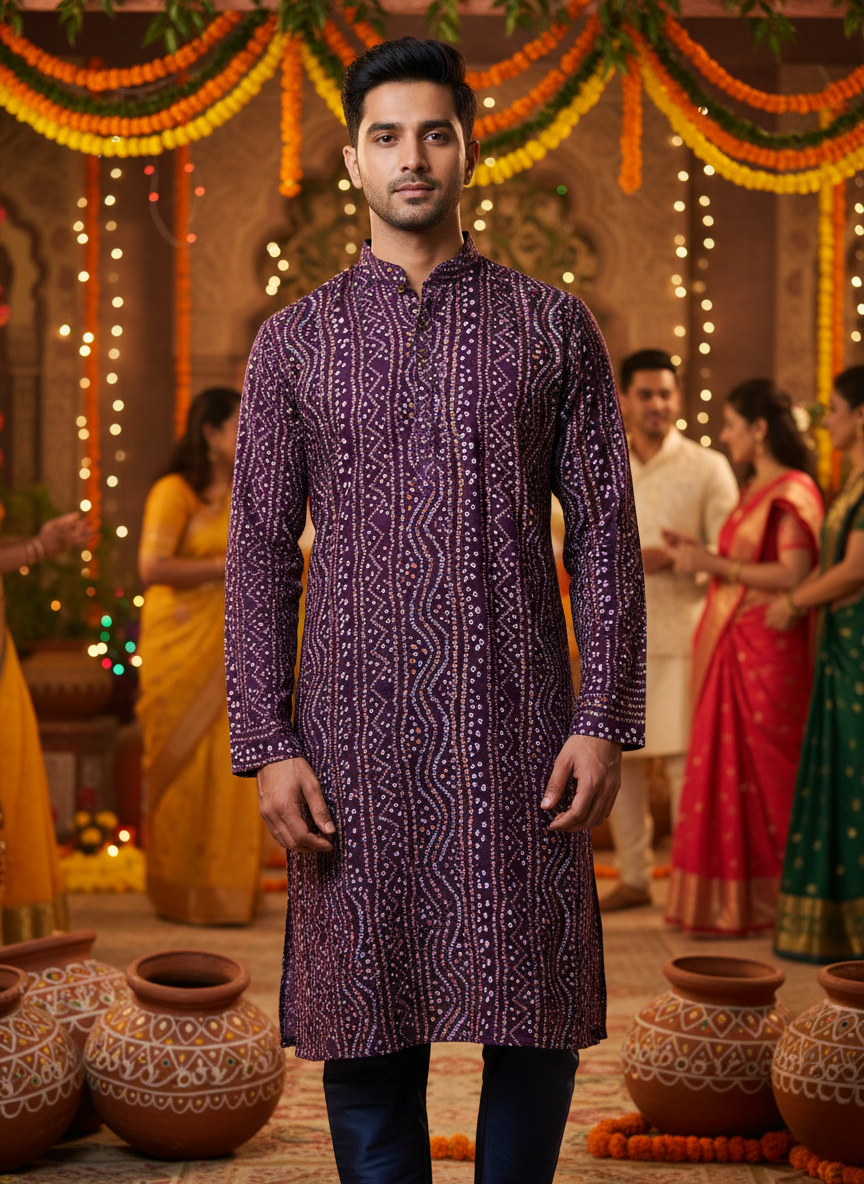 Men’s Traditional Bandhani Printed Kurta in Rich Maroon – Festive & Wedding Wear
