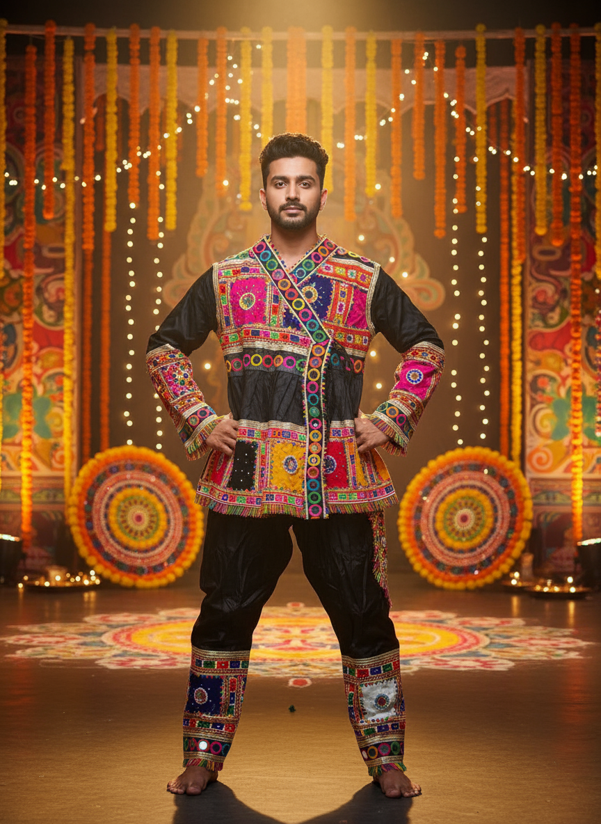 Traditional Gujarati Men’s Navratri Embroidered Kedia Set with Mirror Work