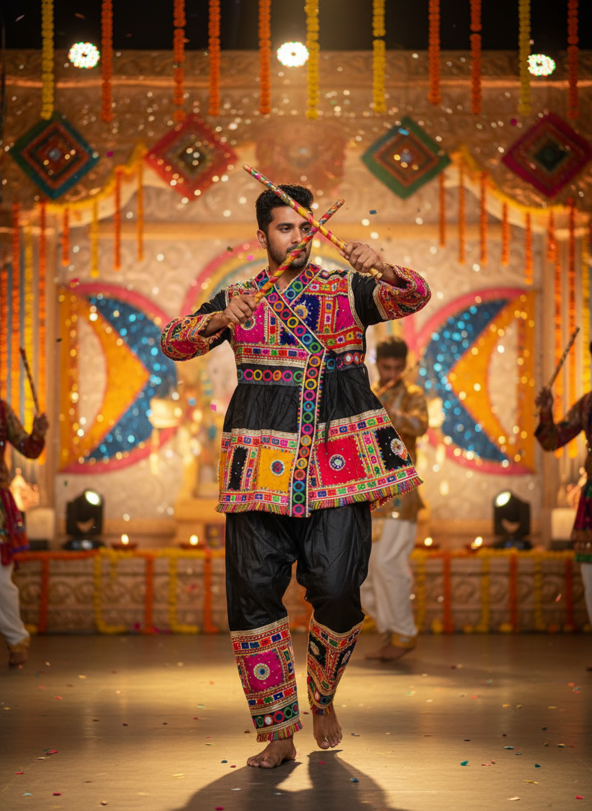 Traditional Gujarati Men’s Navratri Embroidered Kedia Set with Mirror Work