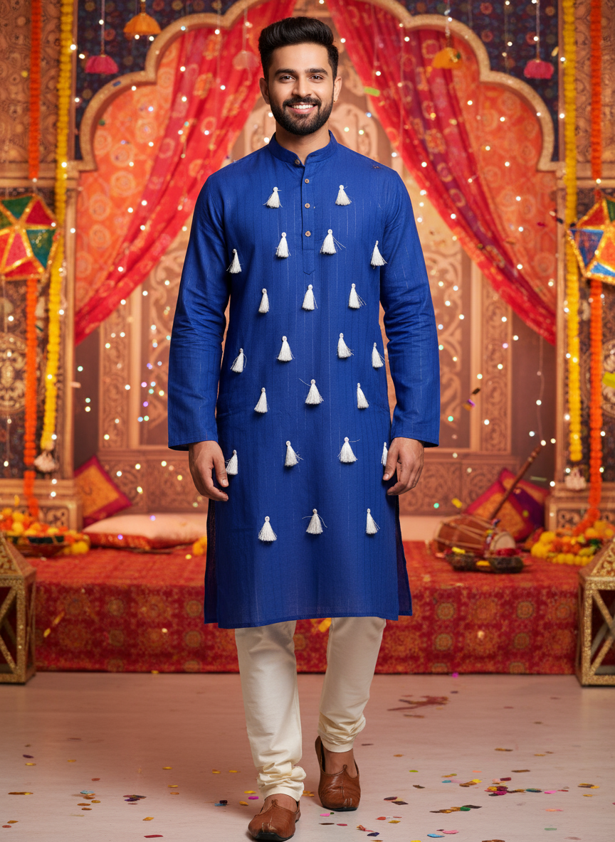 Royal Blue Kurta with White Tassel Accents – Festive Ethnic Wear for Men