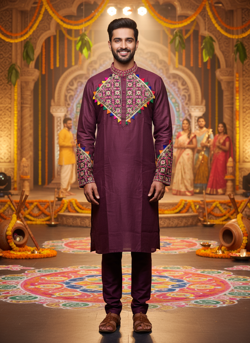 Maroon Embroidered Festive Kurta with Geometric Neck Detailing – Men’s Ethnic Wear