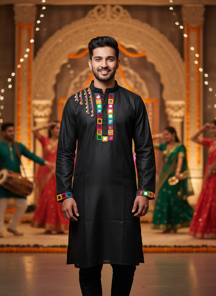 Elegant Black Kurta for Men with Colorful Embellishments