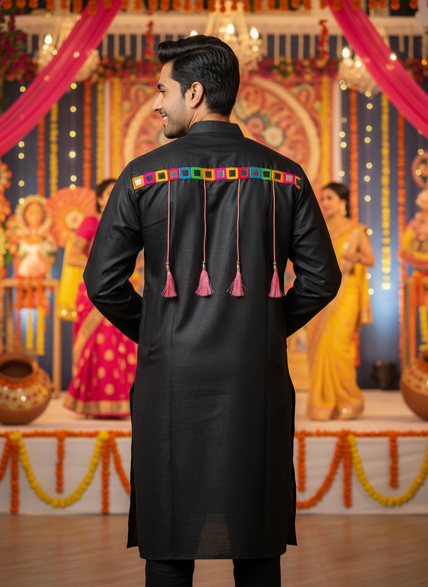 Elegant Black Kurta for Men with Colorful Embellishments