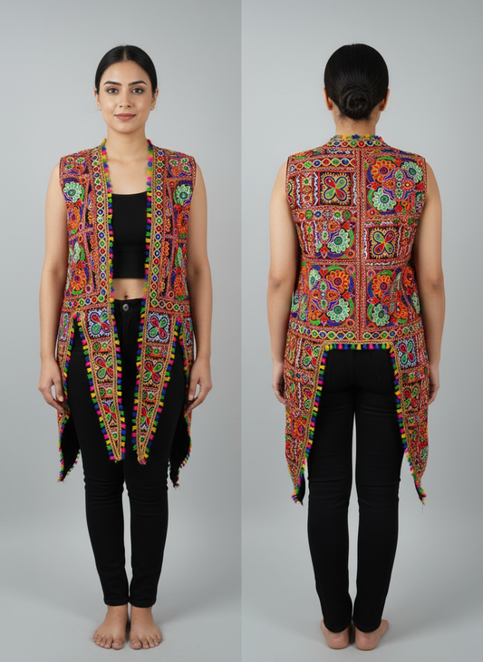 Handmade Multicolor Mirror Work Long Sleeveless Jacket – Ethnic Fusion Wear