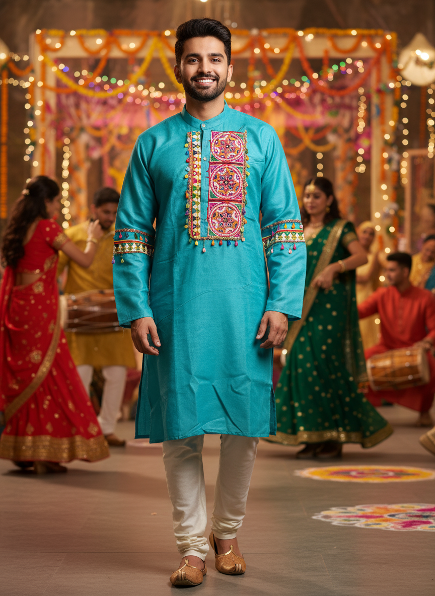 Festive Men's Kurta with Colorful Gujarati Embroidery