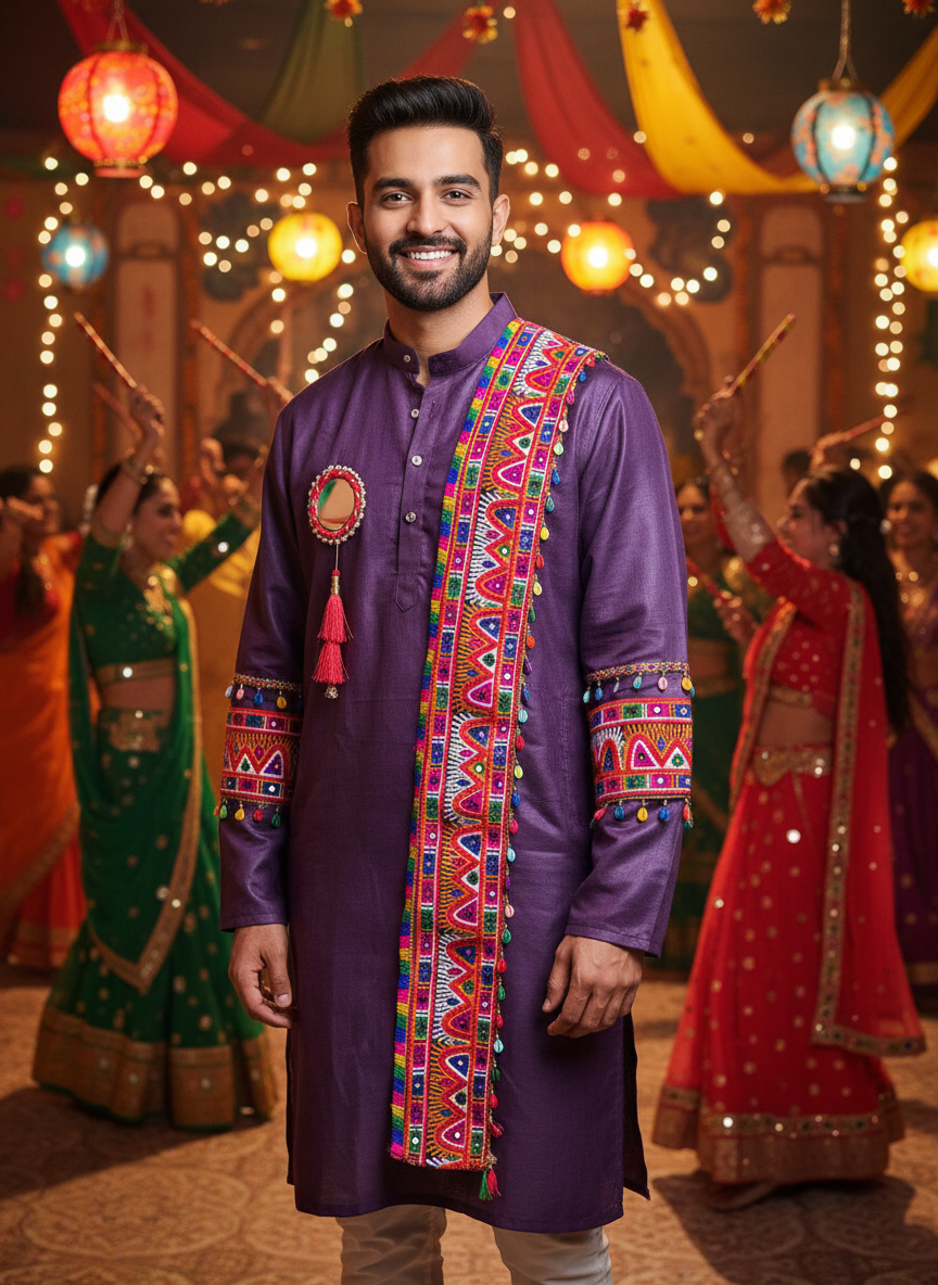 Men's Royal Purple Kurta with Traditional Gujarati Embroidered Dupatta & Sleeve Work