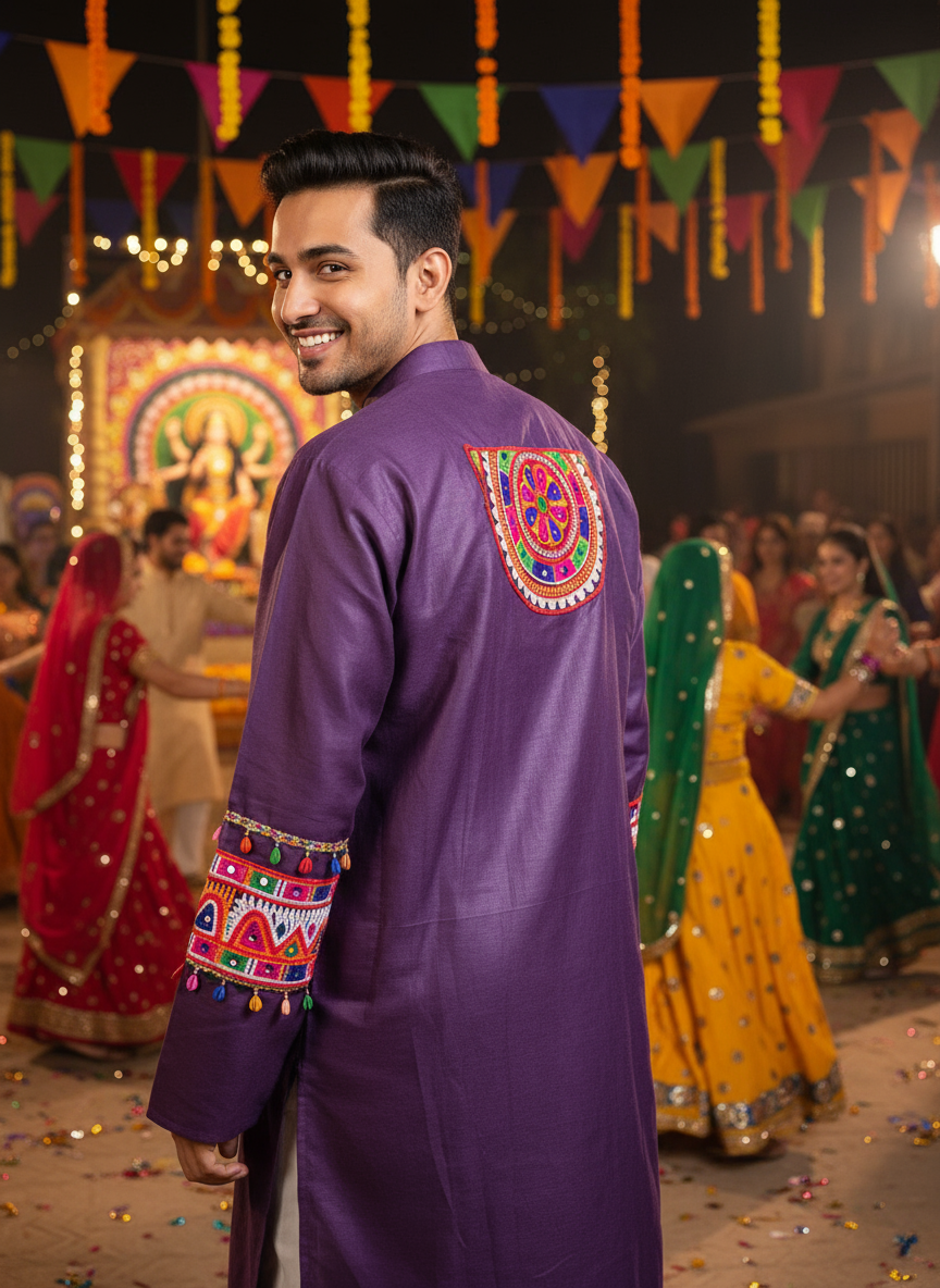 Men's Royal Purple Kurta with Traditional Gujarati Embroidered Dupatta & Sleeve Work