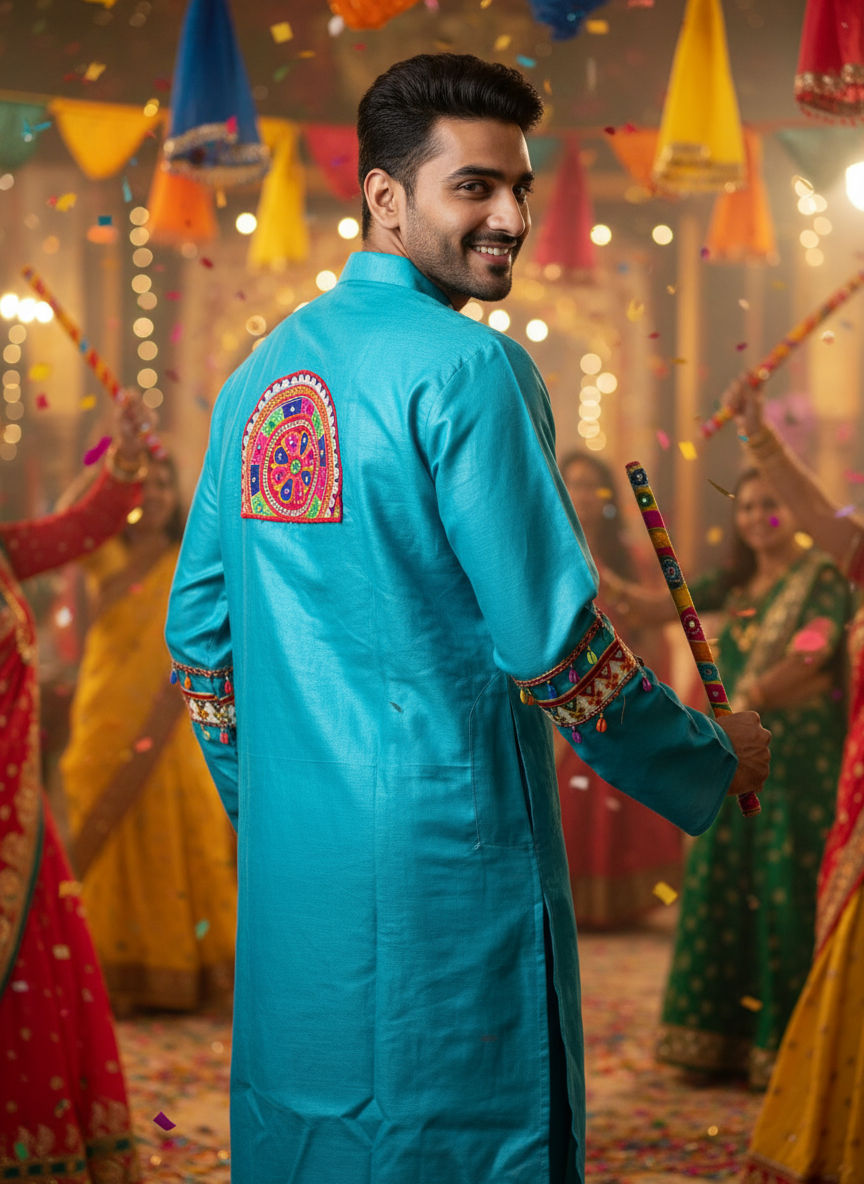 Festive Men's Kurta with Colorful Gujarati Embroidery