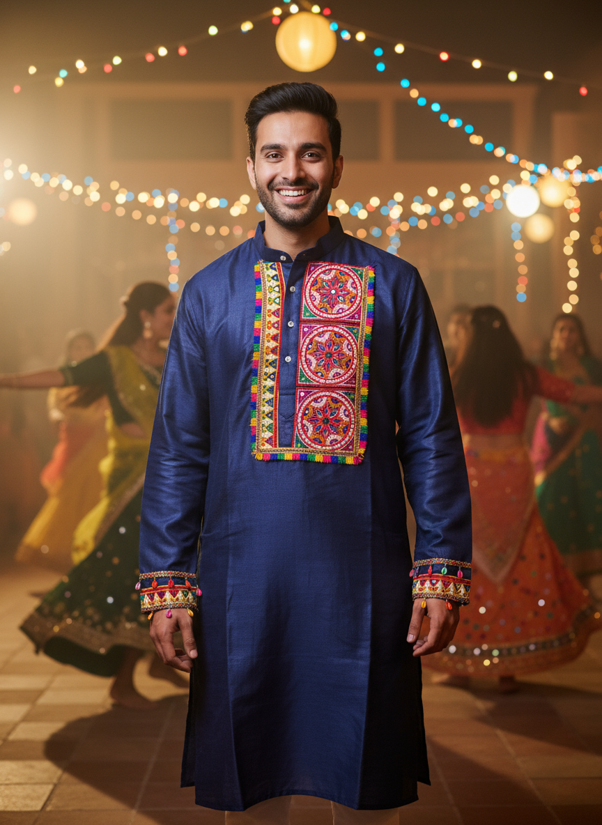 Festive Men's Kurta with Colorful Gujarati Embroidery