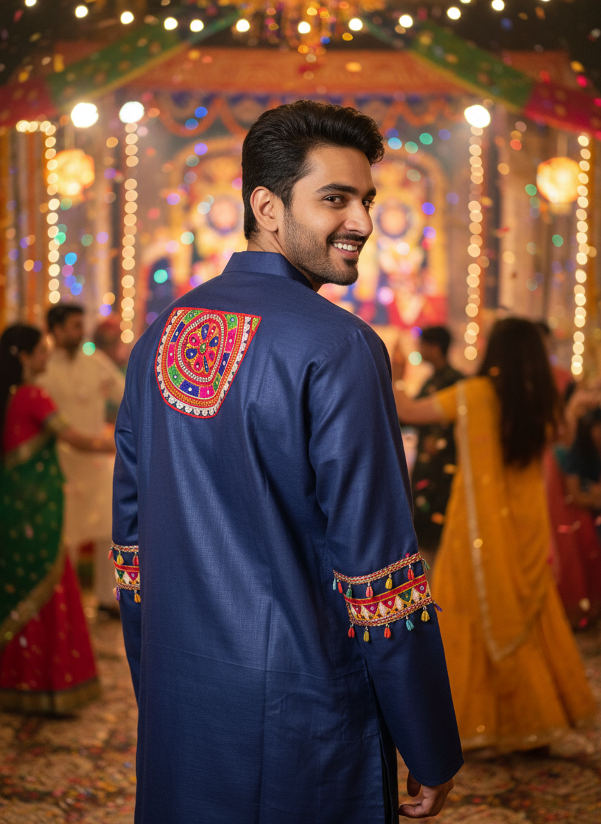 Festive Men's Kurta with Colorful Gujarati Embroidery