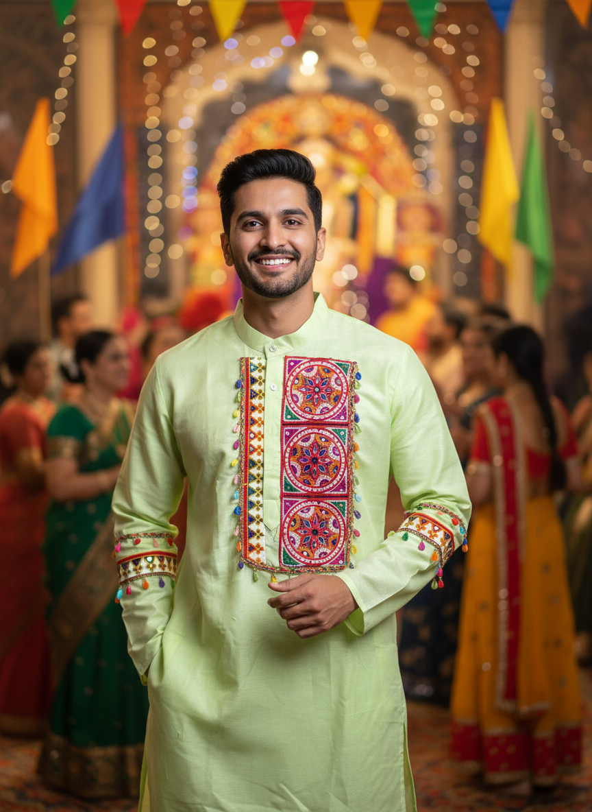 Festive Men's Kurta with Colorful Gujarati Embroidery