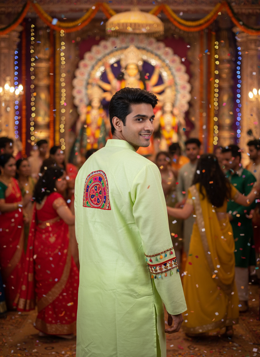 Festive Men's Kurta with Colorful Gujarati Embroidery