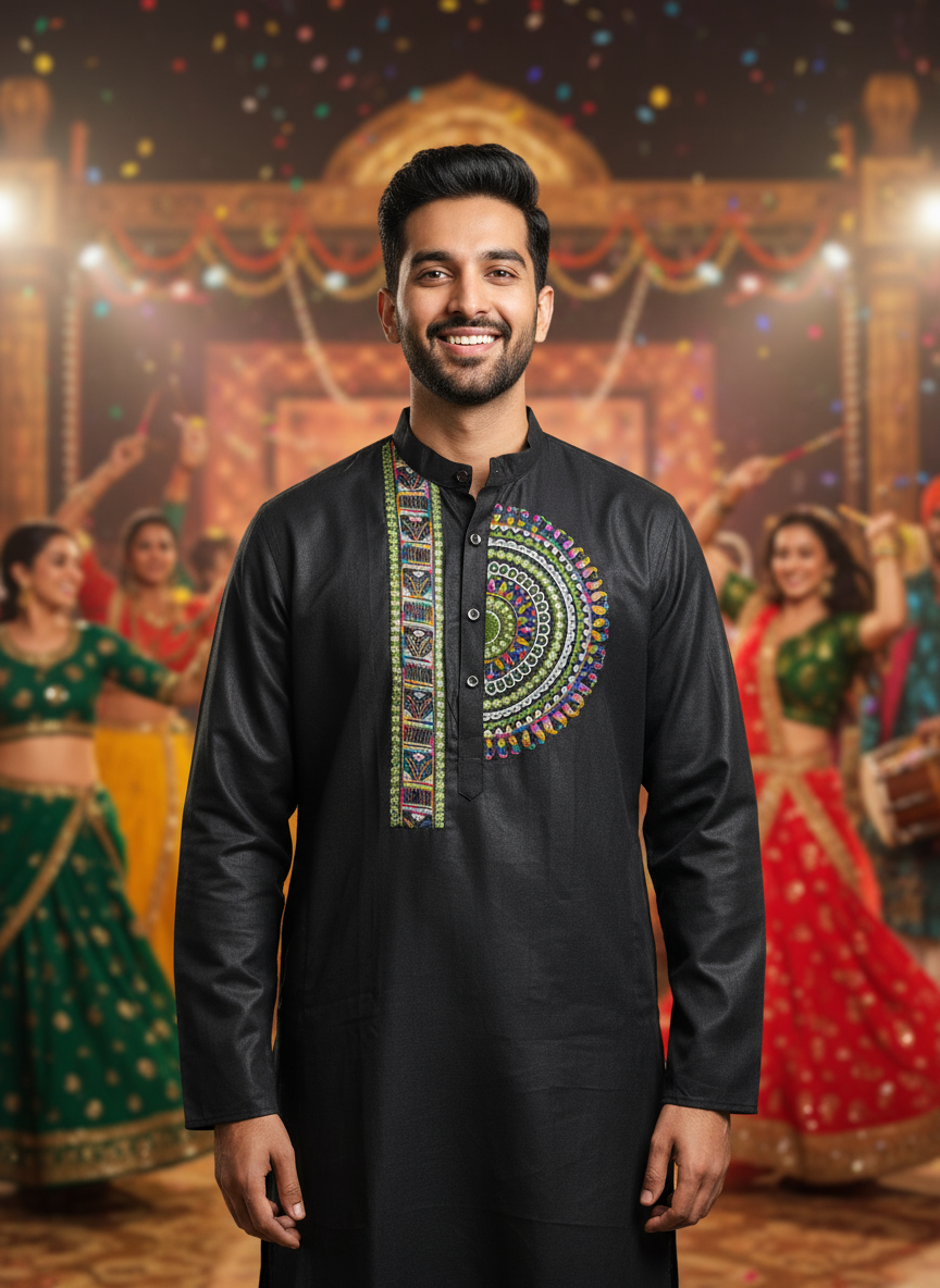 Men's Black Festive Kurta with Vibrant Circular Embroidery