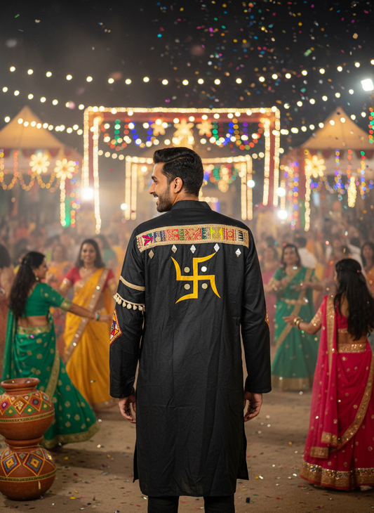 ✨Traditional Black Embroidered Men’s Kurta for Navratri & Festive Wear