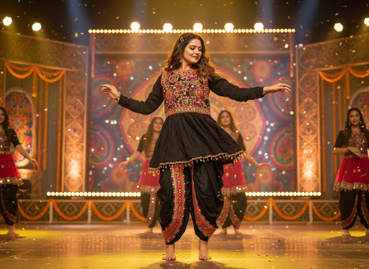 3 Peace Black Embroidered Kedia Set – Dance-Ready Festive Wear