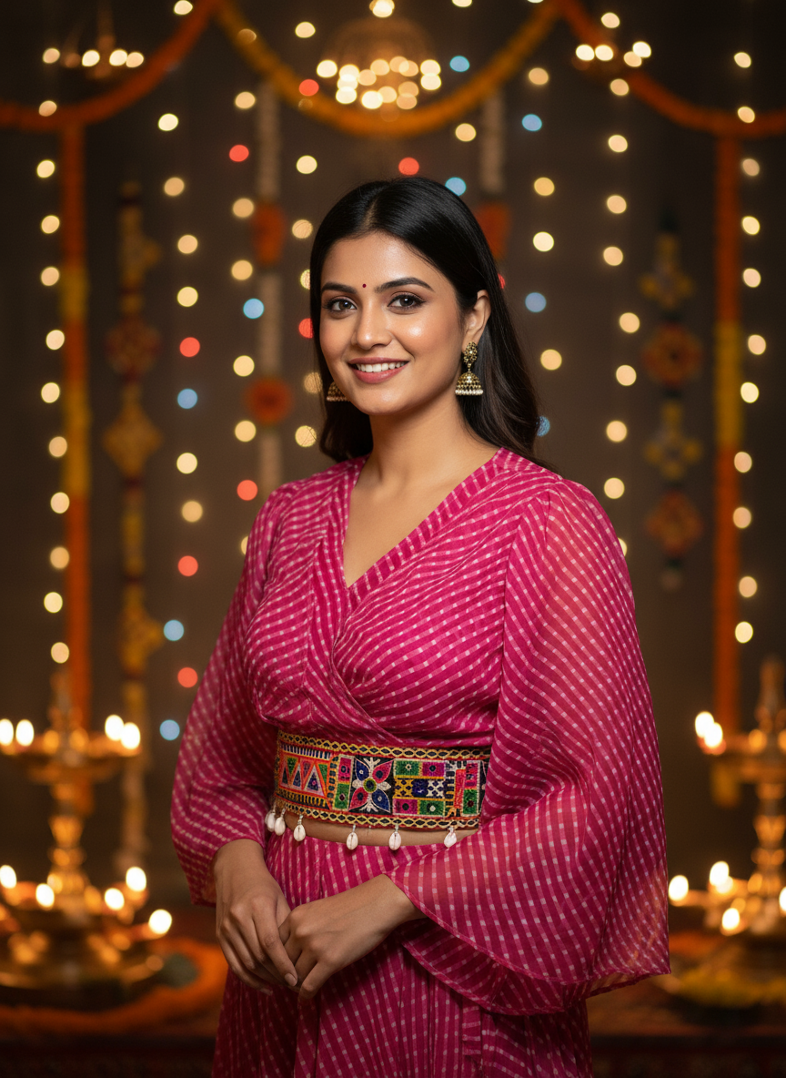 "Elegant Striped Blouse with Colorful Kutchi Embroidered Belt"