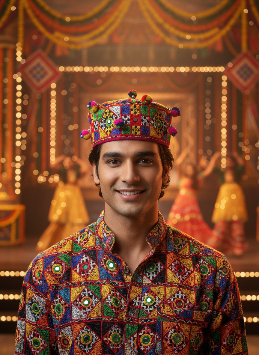 Traditional Gujarati Embroidered Kedia Cap – Colorful Handcrafted Festival Headwear