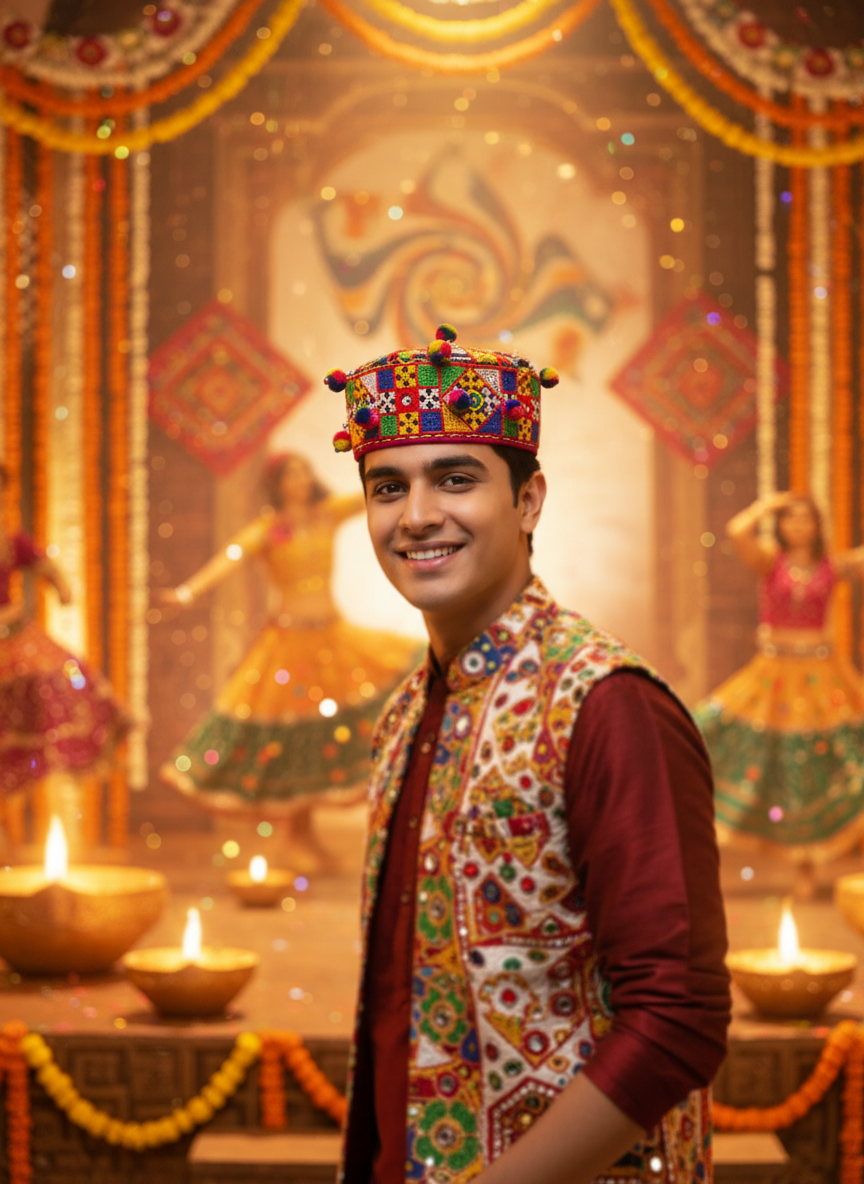 Traditional Gujarati Embroidered Kedia Cap – Colorful Handcrafted Festival Headwear