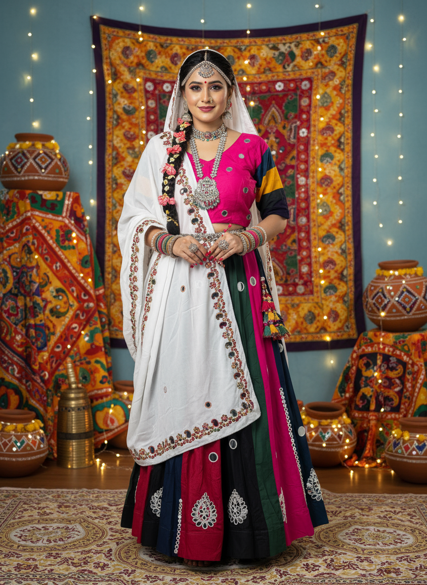 Multicolor Navratri Lehenga Choli with Embroidered Dupatta