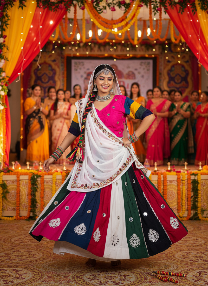 Multicolor Navratri Lehenga Choli with Embroidered Dupatta